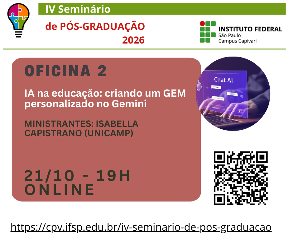 Foto de IV Seminário de Pós-Graduação do IFSP Capivari - Oficina IA na educação: criando um GEM personalizado no Gemini